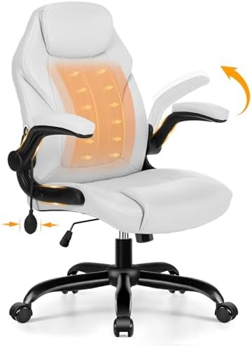 Ylzyxal Office Desk Chair, Ergonomic Computer Chair with Padded Flip-Up Arms and Adjustable Lumbar Support, PU Leather Executive Chair with Tilt Lock and 360° Swivel Rolling Wheels for Work, Study