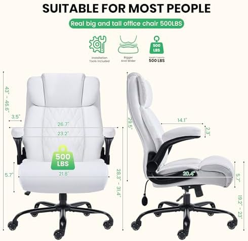 500lbs Big and Tall Office Chair Adjustable Lumbar Support for Back Pain, Extra Wide Seat Executive Office Chair Thick Armrest Pad, Heavy Duty Base&Upgraded Wheels, Ergonomic Desk Chair