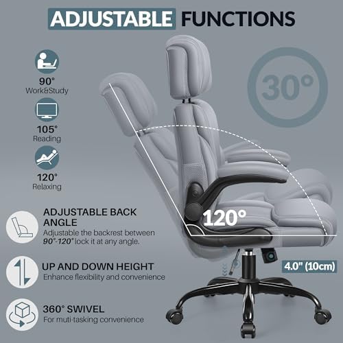 Office Chair, Ergonomic Big and Tall Computer Desk Chair with Retractable Adjustable Headrest, Executive Breathable Leather Chair, Lumbar Support Swivel Flip-up Armrests Rocking Function,Matte Gray