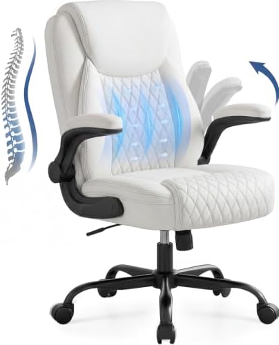 GTPOFFICE Executive Office Chair with Comfortable Lumbar Support, Ergonomic Gaming Chair with Flip-up Armrests & Zoned Pressure-Relief Cushion, Comfy PU Leather Desk Chair, White