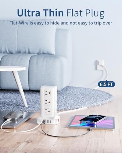 Extension Cord with Multiple Outlets, SMALLRT Flat Plug Power Strip Tower with USB 12 AC Outlets, 6.5FT Ultra Thin Extension Cord Outlet Extender for Home Office, Overload Protection