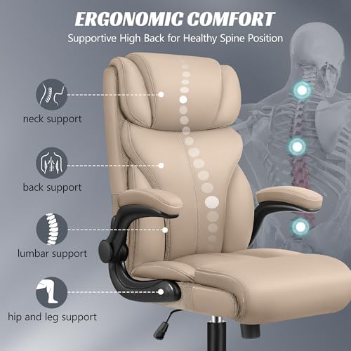 HeroSet Office Chair, Ergonomic Big and Tall Computer Desk Chairs, Executive Breathable Leather Chair with Adjustable Flip-up Armrests, Lumbar Support Swivel PC Chair with Rocking Function,Khaki