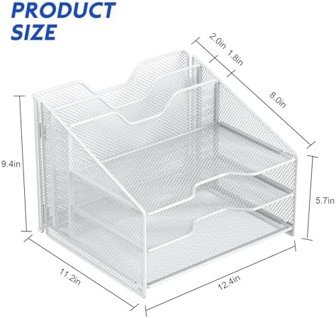 Samstar White Desk File Organizer, Mesh Letter File Folder Holder with 3 Paper Trays and 2 Vertical Upright Section, for Office Supplies, Desk Accessories & Workspace, White
