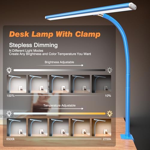 Airlonv LED Desk Lamp with Clamp, 17" Stepless Dimming Light, Blue