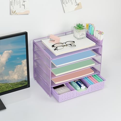 LEKETREE Desk Organizers and Accessories, 5-Tier Paper Letter Tray Organizer with Drawer & 2 Pen Holders, Desktop Organizer for Office Supplies (Purple)