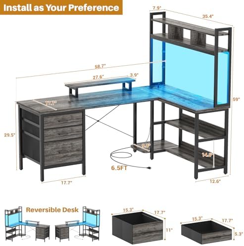 Aheaplus L Shaped Desk with Hutch, Gaming Desk with Led Lights, Reversible Computer Desk with Power Outlet, Corner Desk with File Drawer & Monitor Stand, Storage Shelves for Home Office, Black Oak