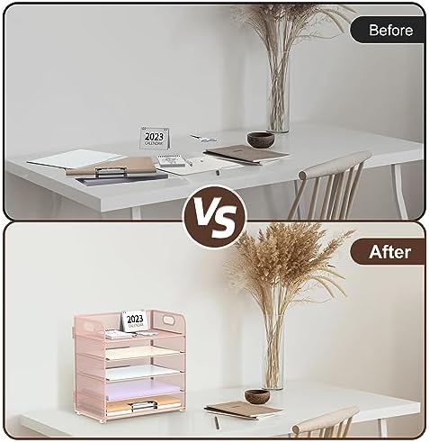 Supeasy 5 Trays Paper Organizer Letter Tray with Handle-Mesh Desk File Holders, Paper Sorter Desk Organizer for Office, Home, Classroom or School, Pink