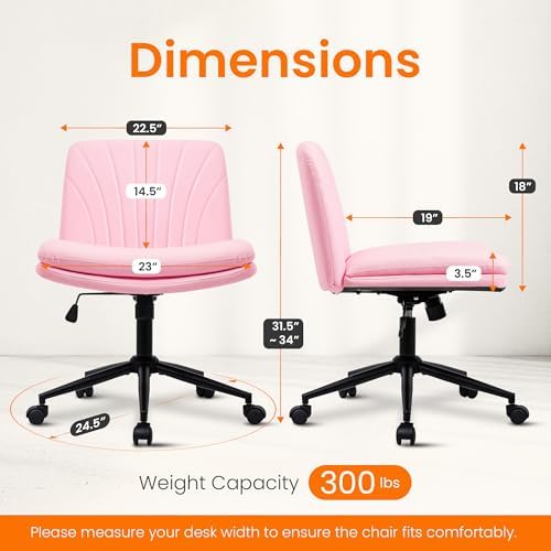 NEO CHAIR Criss Cross Chair with Wheels Armless Vanity Desk Office Wide Comfy Chair Cross Legged Adjustable Swivel Rolling Computer for Home Office PU Leather (Pink-Leather)