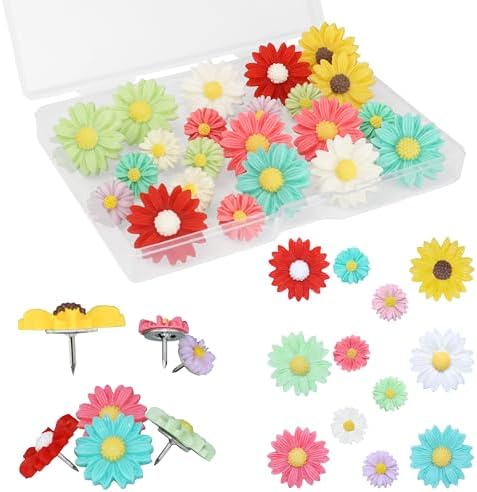 24 Pcs Daisy Flower Push Pins Decorative Thumb Tacks in Assort Colors Cute Office Decor for Cork Board Bulletin Board, Photos Wall Maps and Other Offices Schools Supplies Christmas Decoration