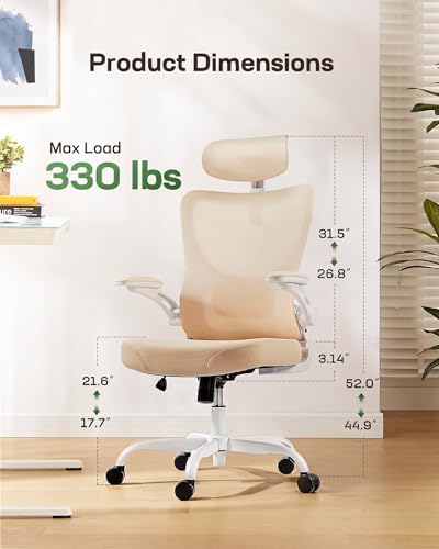 Marsail Ergonomic Office Chair: Office Computer Desk Chair with High Back Mesh and Adjustable Lumbar Support Rolling Work Swivel Task Chairs with Wheel 3D Armrests and Headrest (White)
