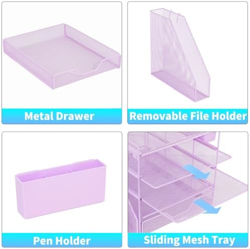 5-Tier Desk File Organizer with Drawer & Pen Holder (Purple)