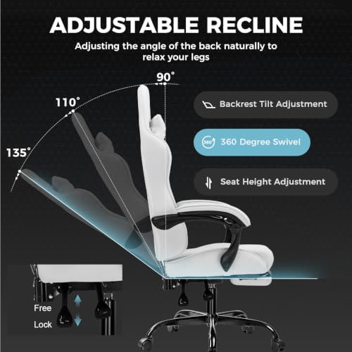 GTPLAYER Gaming Chair, Computer Chair with Footrest and Lumbar Support, Height Adjustable Game Chair with 360°-Swivel Seat and Headrest and for Office or Gaming (All Light Gray-Fabric)