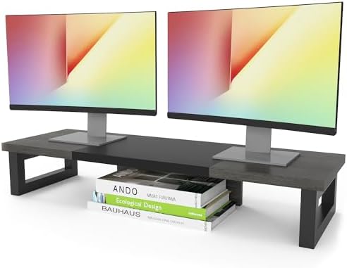 WESTREE Dual Monitor Stand Riser, Wood and Steel Monitor Stand Riser, Computer Monitor Stand for 2 Monitors, Multi-Purpose Desktop Storage Stand for Computer,Laptop,Printer,TV