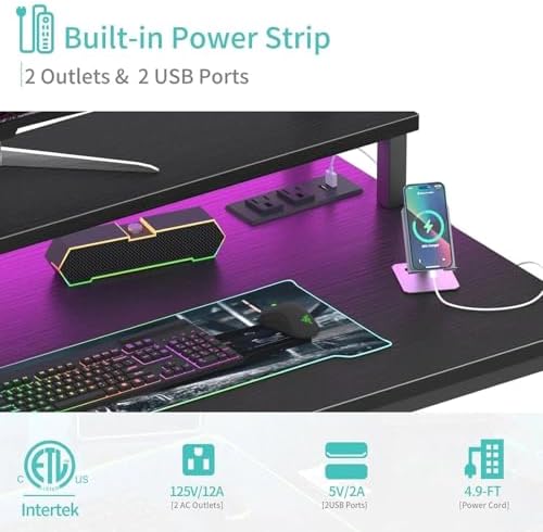 Lufeiya Small Desk with Power Outlets and LED Lights, 32 Inch Teen Writing Study Table Home Office Computer Desks with Monitor Stand, Gaming Desk with Charging Station, Black