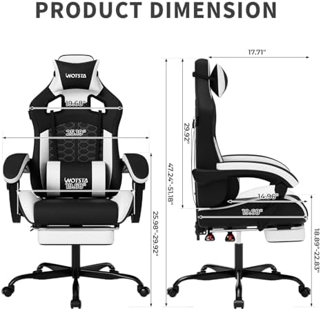 Gaming Chair with Massage,Ergonomic PC Gaming Chair with Footrest Comfortable Headrest and Lumbar Support,High Back PVC Leather,300LBS (Black White)