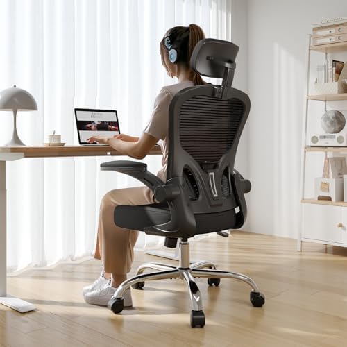 Office Chair Ergonomic Desk Chair, 330LBS Capacity, High Back Computer Chair for Long Hours Comfortable, Rolling Swivel Executive Task Chair for Home Office with Flip-up Armrests, Black Black-Chrome