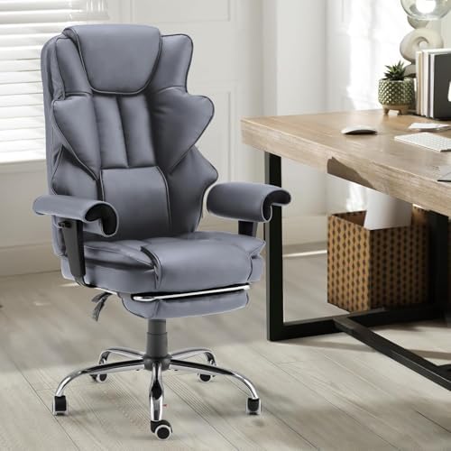 HOMREST 6-Point Massage Executive Chair,Heat Office Chair,Ergonomic Home Office Desk Chairs with Retractable Footrest and Reclining Function,Leather Computer Chair with Adjustable Armrest(‌Grey)