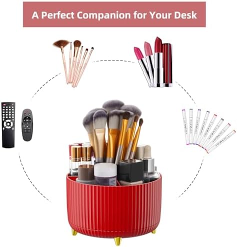 Marbrasse Desk Organizer, 360-Degree Rotating Pen Holder for Desk, Desk Organizers and Accessories with 5 Compartments Pencil Organizer, Art Supply Storage Box Caddy for Office, Home (Red)