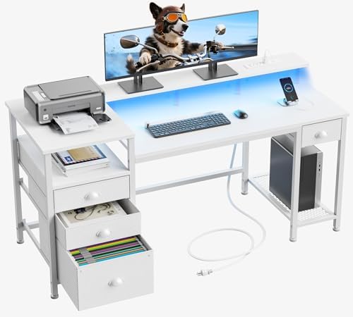 Furologee 60" White Computer Desk with 4 Drawers, Power Outlet, LED Lights