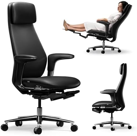 TOMU Executive Office Chair with Foot Rest, Top Grain Genuine Leather Office Chair, Ergonomic High Back Design. Real Leather, Wheels, Alumium Base. Padded Armrest, Luxury and Comfy (Black)