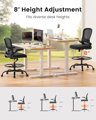 ErGear Drafting Chair with Footrest Ring and Flip-Up Arms for Tall Desks