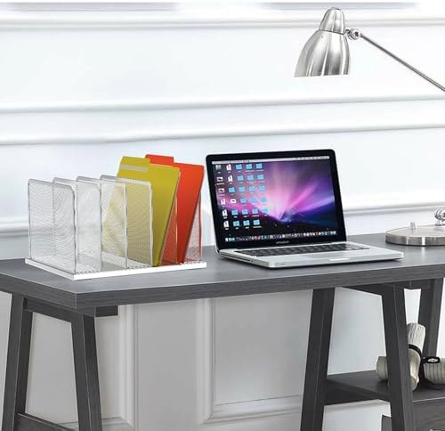 Kuntine.B Desk File Organizer Upright Mesh Desktop Organizer File Sorter Office Organization File Holder for Home, Office & Classroom (Silver, 1 Pack 5-Section)
