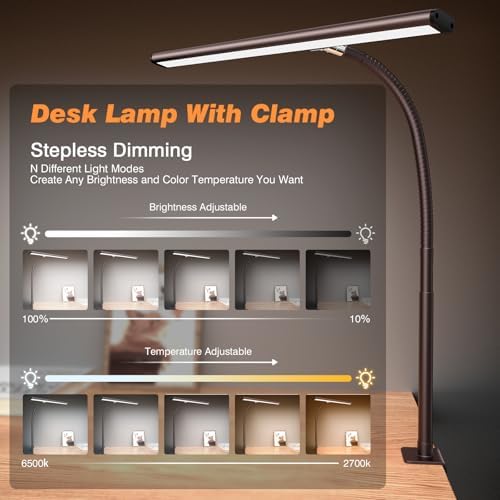 Airlonv LED Desk Lamp with Clamp, 17" Stepless Dimming Light, Brown
