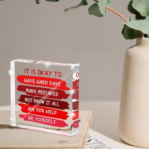 Mental Health Office Decor - Red 4 Inch Acrylic Tabletop Sign, Inspirational Desk Accessories for Workplace Wellness, Motivational Quote for Therapy Office & Home Desk