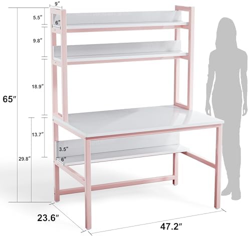 Aquzee Pink Desk with Shelves, Computer Desk with Hutch, 47 Inch