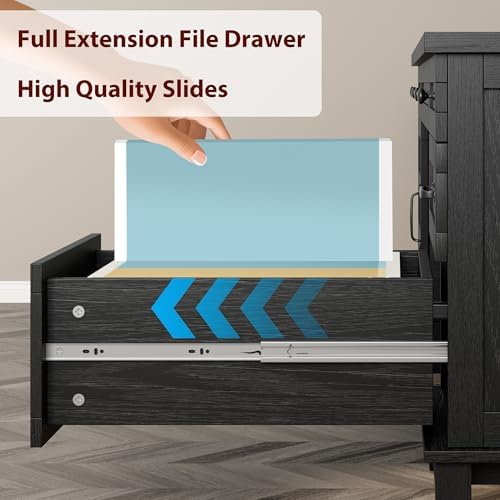 GarveeHome Farmhouse Executive Desk with File Drawers, 60 in Home Office Desk with Charging Station, Wooden Computer Desk with Cabinet Storage for Work Study Writing, Rustic Black