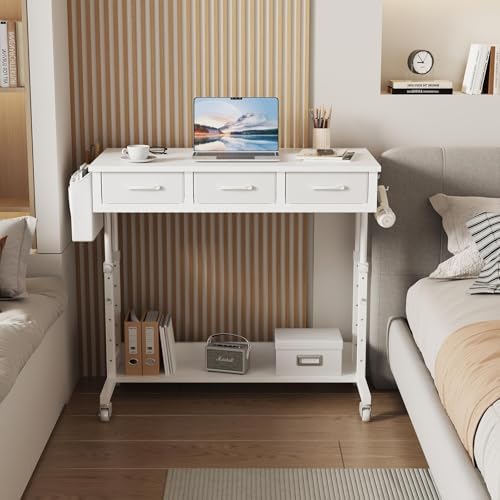 White Portable Rolling Computer Desk - 40 Inch Adjustable Mobile Standing Teacher Desks with 3 Fabric Drawers on Wheels, Couch Sofa Side Laptop Stand Up Table with Storage for Home Office, White