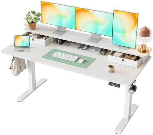 TIQLAB Standing Desk with Two Drawers, Stand Up Standing Desk Adjustable Height, Electric Sit Stand Table with Storage Shelf and Splice Board, 63 * 24 inch, White