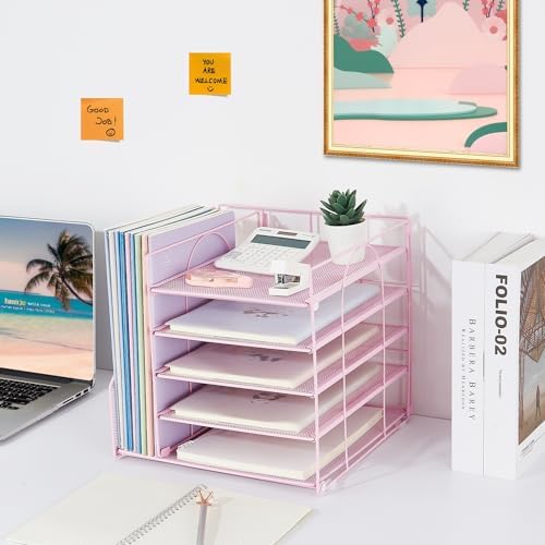 LEKETREE Desk Organizers and Accessories, 5-Tier Paper Letter Tray Organizer with File Holder, Desktop Organizer for Office Supplies (Pink)