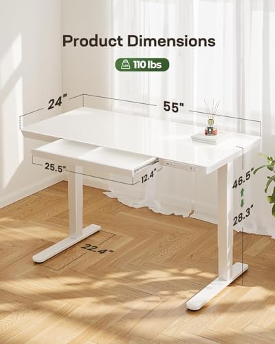 Marsail Glass Standing Desk, 55 x 28 Inch Electric Standing Desk,White