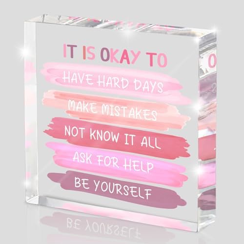 Mental Health Decor - Pink Office Decor Ornaments Teacher Desk - Inspirational Gifts For Women - Mental Health Present Positivity Recovery Self Care Encourage Gifts (4x4 inches)