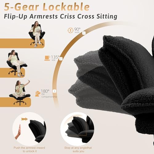 Wider Seat Office Chair with Flip Armrests for Criss Cross Legged&Cats, Big and Tall Executive Ergonomic Reclining Chair with Footrest&Lumbar Pillow, Teddy Fleece Desk Chair,Black Vanity Chair