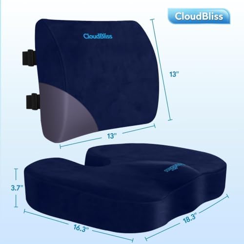 CloudBliss Ergonomic Seat Cushion & Lumbar Support Pillow Set, Blue, XL