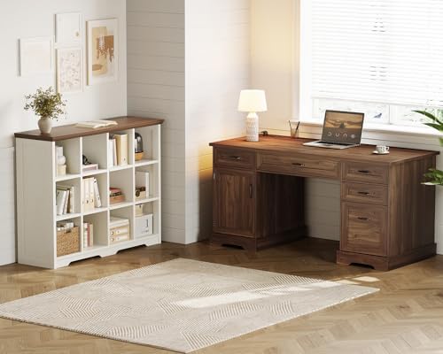 OffiGo Farmhouse 59 Inch Executive Desk with Drawers, Walnut