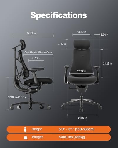 LiberNovo Omni PRO Dynamic Ergonomic Office Chair, Built-in Fan, 48cm
