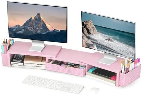 Spacrea Metal Desk Organizers and Accessories, Dual Monitor Stand Riser with Drawer and 2 Pen Holders, Desk Accessories & Workspace Desktop Organizers for Office Supplies (Pink)