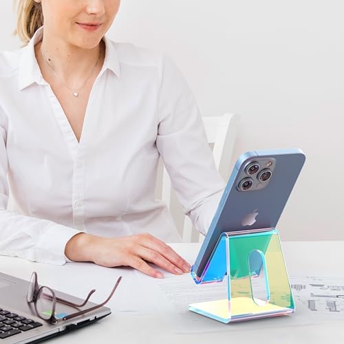 Crpich Acrylic Cell Phone Stand, Portable Phone Holder, Phone Stand for Desk, Compatible with Phone16 15 14 13 12 Pro Max Mini 11, Switch, Android Smartphone, Pad, Tablet, Iridescent Color