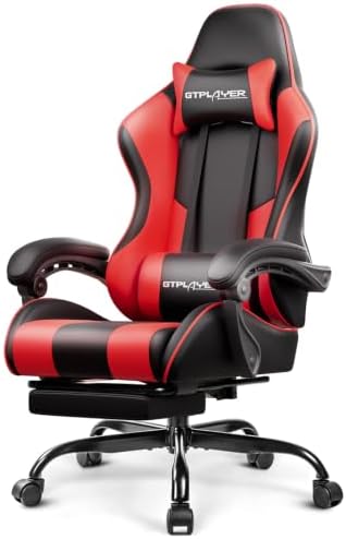 GTPLAYER Gaming Chair, Computer Chair with Footrest and Lumbar Support, Height Adjustable Game Chair with 360°-Swivel Seat and Headrest and for Office or Gaming (Faux Leather, Red)