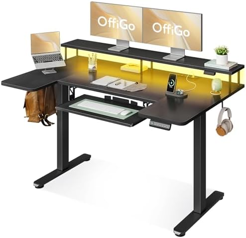 OffiGo 55 Inch U Shaped Electric Standing Desk with Keyboard Tray, Black
