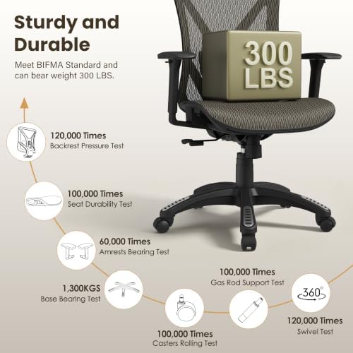 Ergonomic Office Chair, Mesh Computer Desk Chairs with BIFMA X5.1 Certified, Adjustable Lumbar Support, 3D Arm, Tilt Back, Wide Seat, Comfy Swivel Work Task Chair for Company and Home (Coffee Brown)