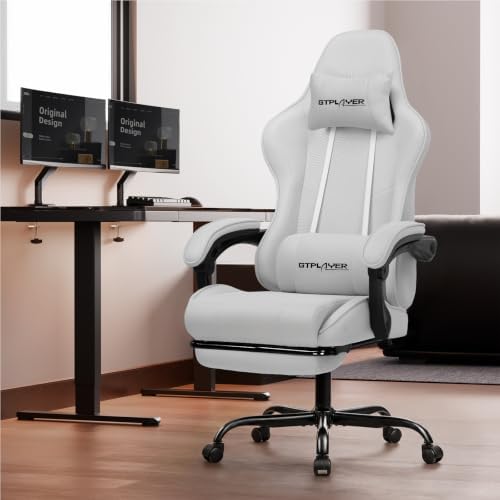 GTPLAYER Gaming Chair, Computer Chair with Footrest and Lumbar Support, Height Adjustable Game Chair with 360°-Swivel Seat and Headrest and for Office or Gaming (All Light Gray-Fabric)