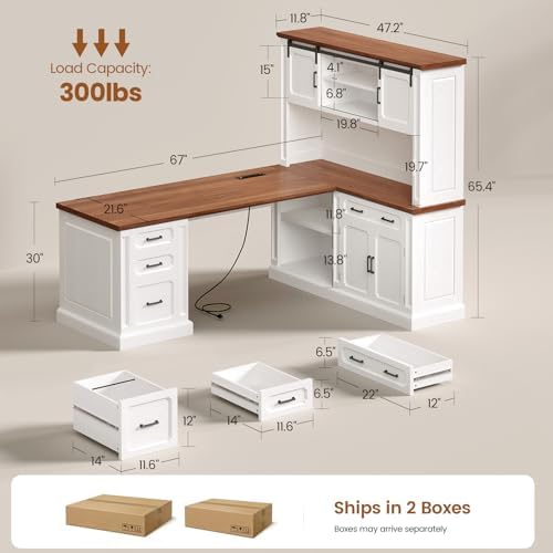 SEDETA 67" Farmhouse Executive L Shaped Desk with Hutch & Storage