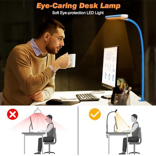 Airlonv LED Desk Lamp with Clamp, 17" Stepless Dimming Light, Blue