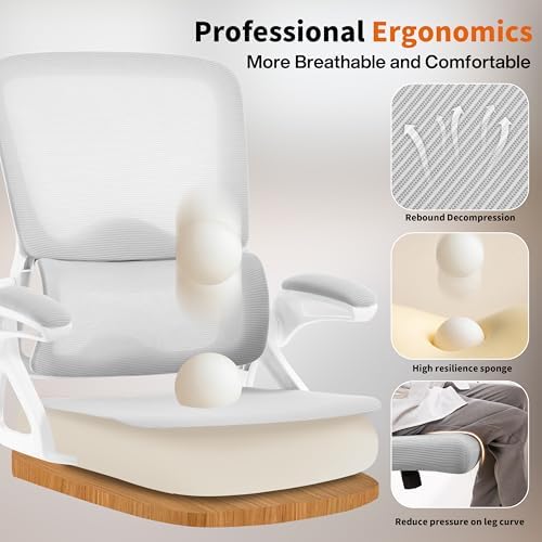 Ergonomic Office Chair,Mesh Office Chair with Lumbar Support,Mid Back Desk Chair with Flip-up Arms,400 lbs Comfy Computer Chair for Home Office (Off-White Gray)