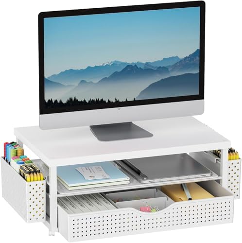 gianotter Desk Organizers and Accessories, Monitor Stand with Drawer and 2 Pen Holder, Desktop Organizer Suitable for Offices and Dormitories (Matte White)