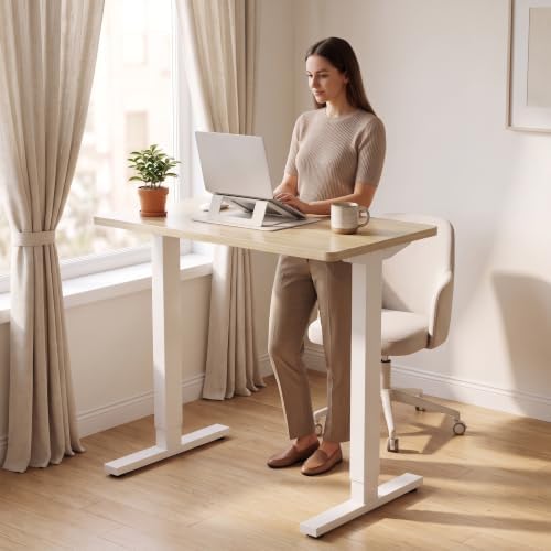 HUANUO 32x19 Inch Small Electric Standing Desk, Adjustable, Light Walnut